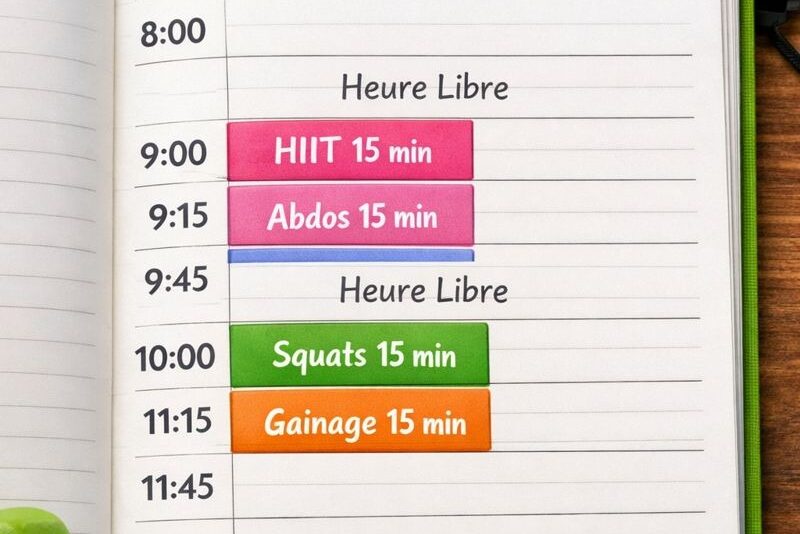 Agenda ouvert montrant une planification de la matinée avec des blocs colorés de 15 minutes pour l’entraînement