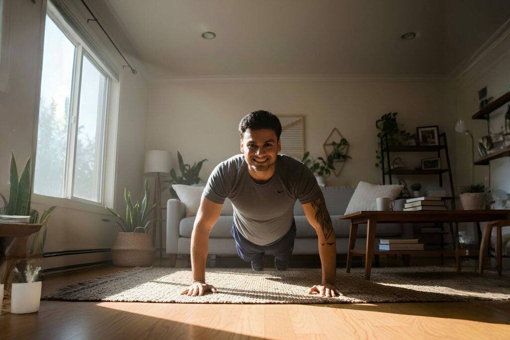 Homme en position de planche sur un tapis, faisant des pompes dans un salon