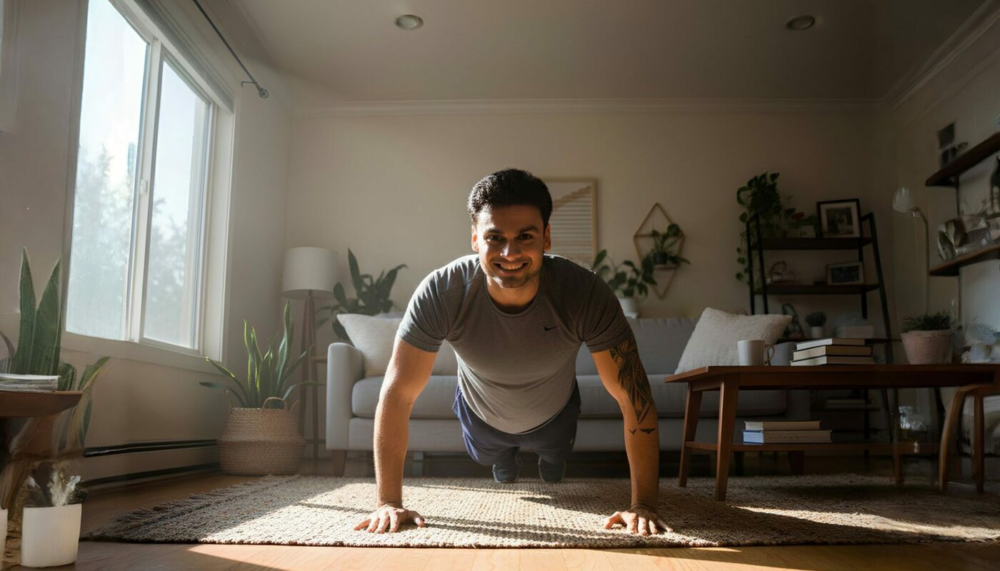 Homme en position de planche sur un tapis, faisant des pompes dans un salon
