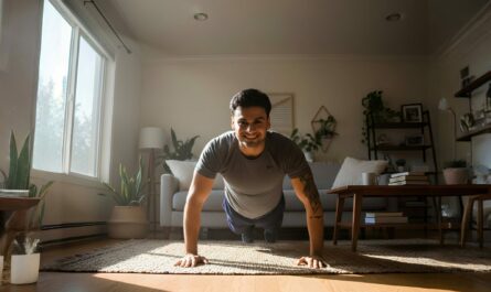 Homme en position de planche sur un tapis, faisant des pompes dans un salon