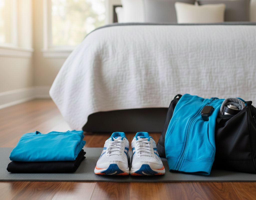 Des vêtements de sport et des baskets soigneusement préparés au pied d'un lit