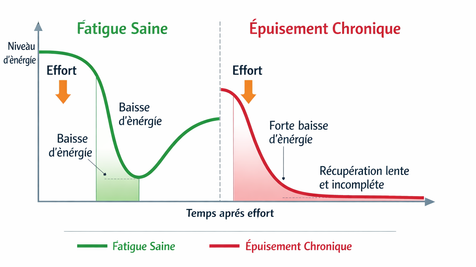 Graphique comparant la fatigue saine et l’épuisement chronique selon le niveau d’énergie après un effort