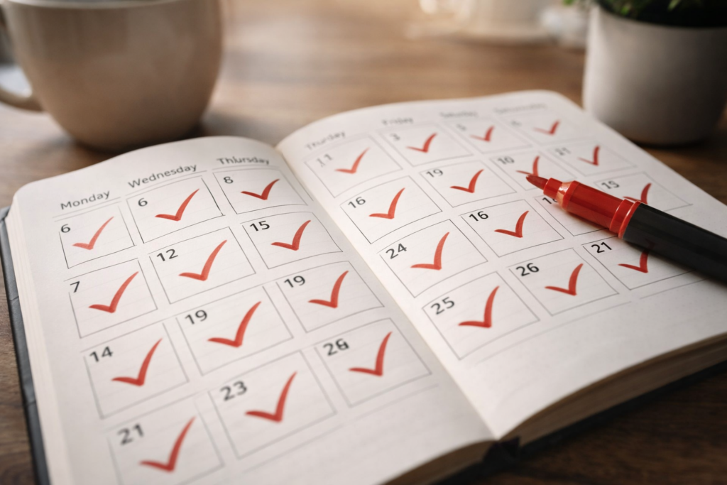 Agenda ouvert avec plusieurs jours cochés en rouge, illustrant le suivi régulier d’objectifs ou d’habitudes