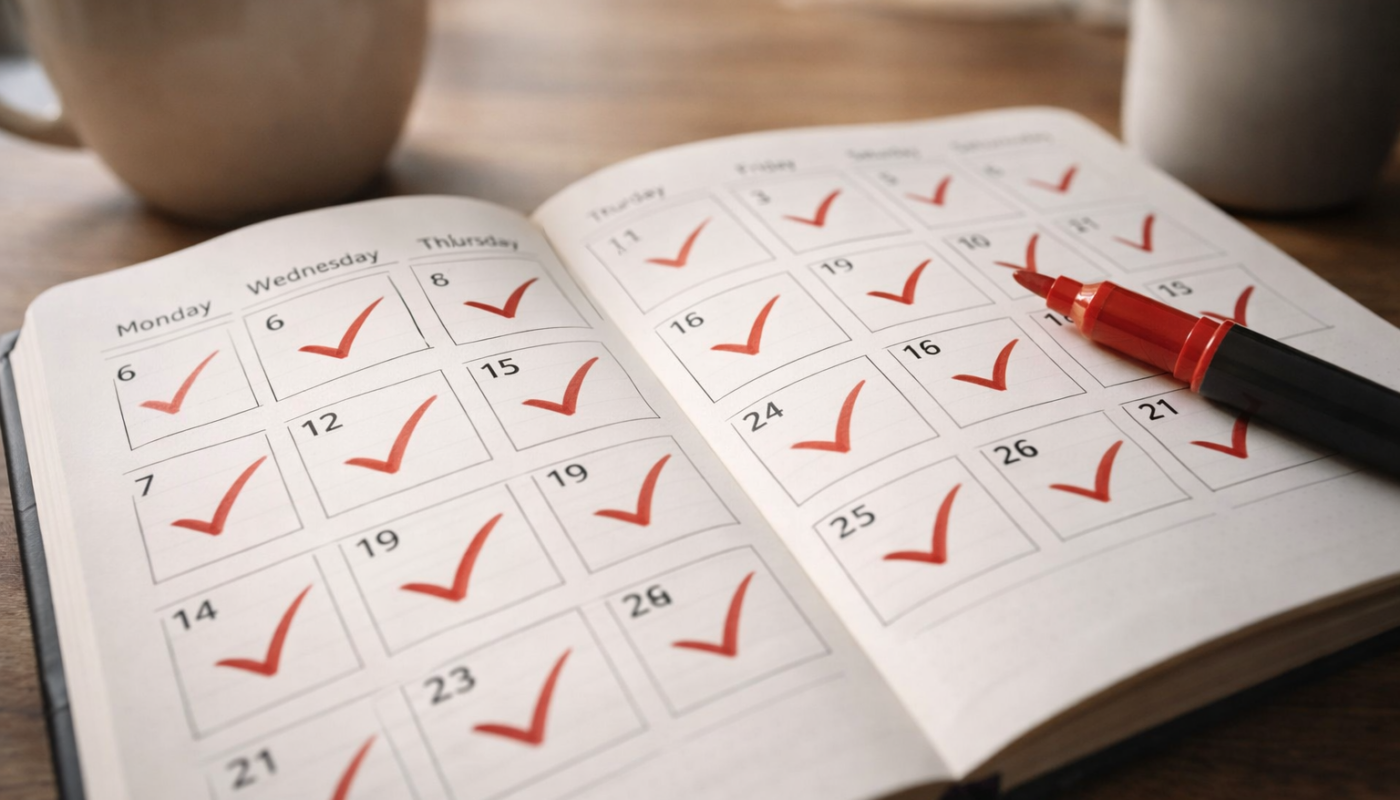 Agenda ouvert avec plusieurs jours cochés en rouge, illustrant le suivi régulier d’objectifs ou d’habitudes
